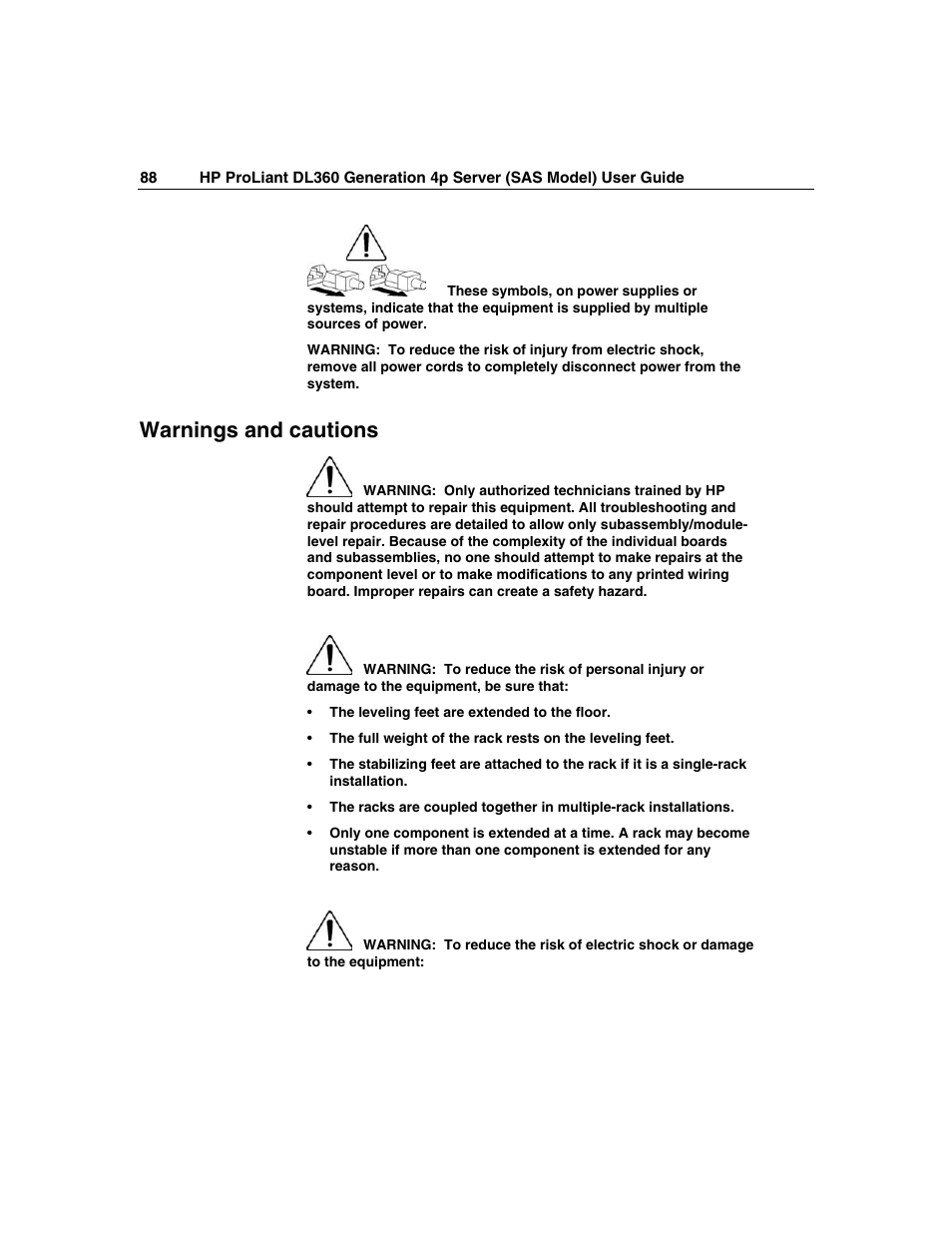 Warnings and cautions | HP SAS DL360 User Manual | Page 88 / 136