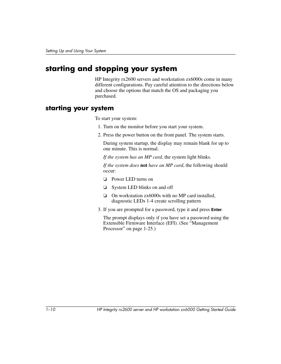 Starting and stopping your system, Starting your system | HP ZX6000 User Manual | Page 16 / 64