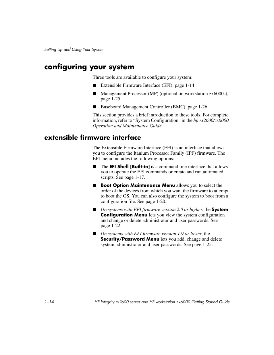 Configuring your system, Extensible firmware interface | HP ZX6000 User Manual | Page 20 / 64