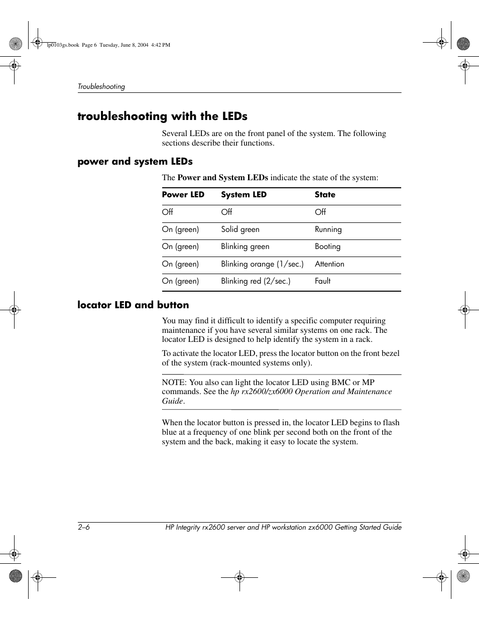 Troubleshooting with the leds | HP ZX6000 User Manual | Page 38 / 64