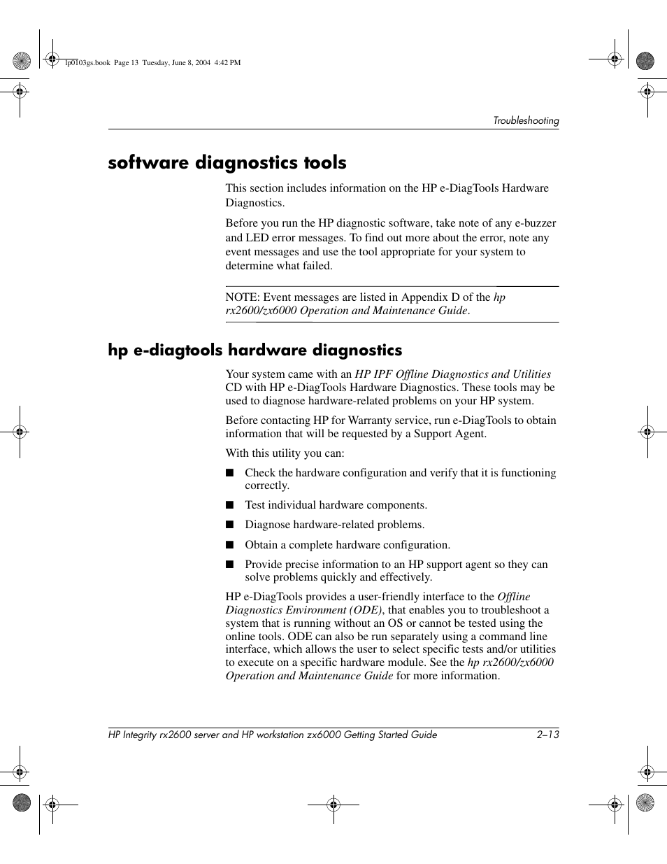 Software diagnostics tools, Hp e-diagtools hardware diagnostics | HP ZX6000 User Manual | Page 45 / 64