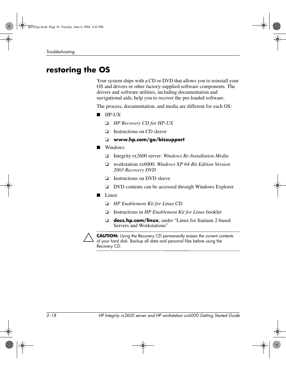 Restoring the os | HP ZX6000 User Manual | Page 50 / 64