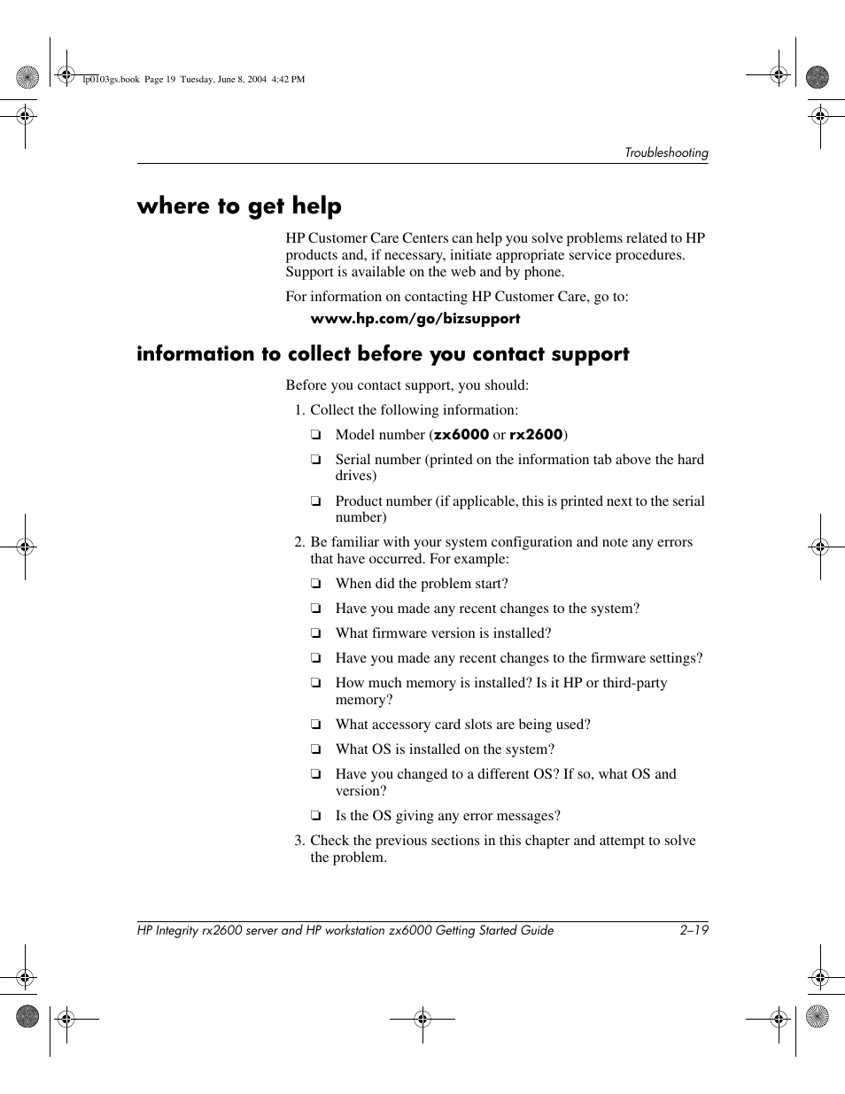 Where to get help, Information to collect before you contact support | HP ZX6000 User Manual | Page 51 / 64