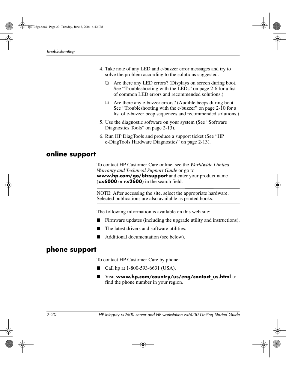 Online support, Phone support | HP ZX6000 User Manual | Page 52 / 64