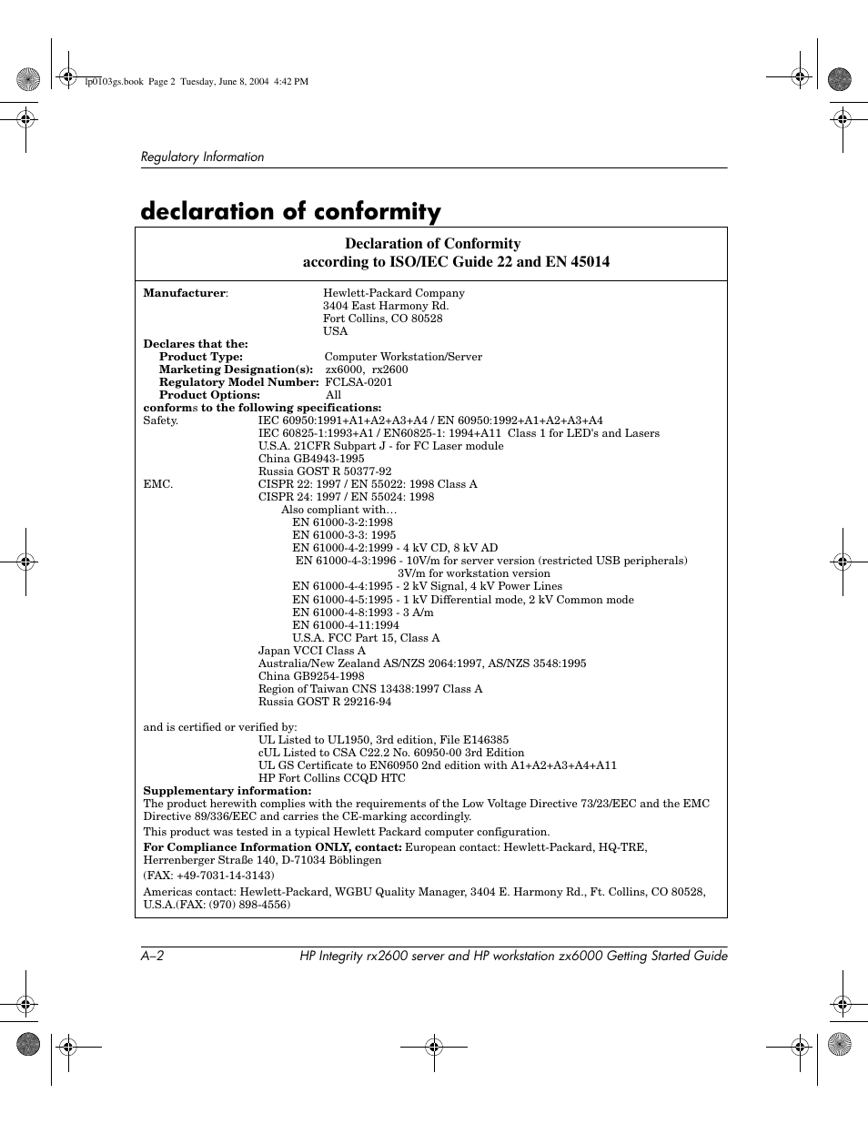 Declaration of conformity | HP ZX6000 User Manual | Page 56 / 64