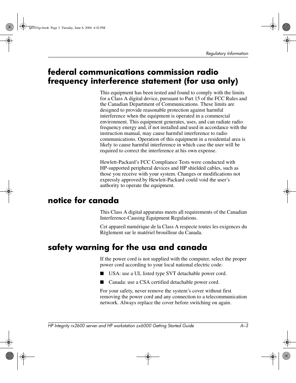 Notice for canada, Safety warning for the usa and canada | HP ZX6000 User Manual | Page 57 / 64