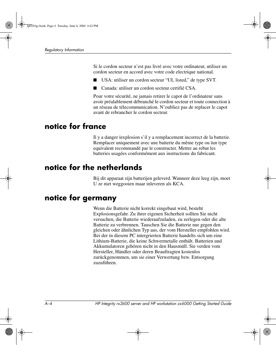 Notice for france, Notice for the netherlands, Notice for germany | HP ZX6000 User Manual | Page 58 / 64