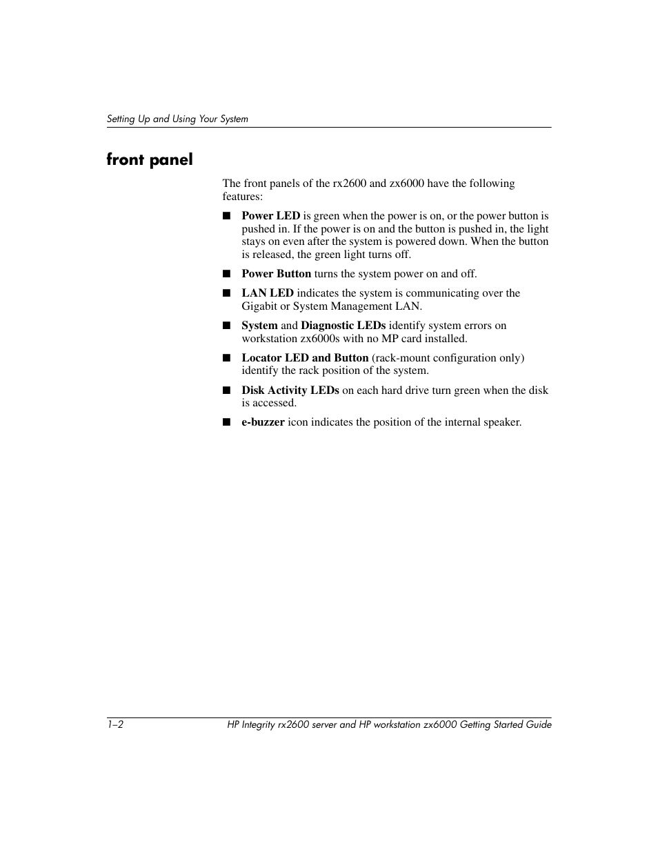 Front panel | HP ZX6000 User Manual | Page 8 / 64