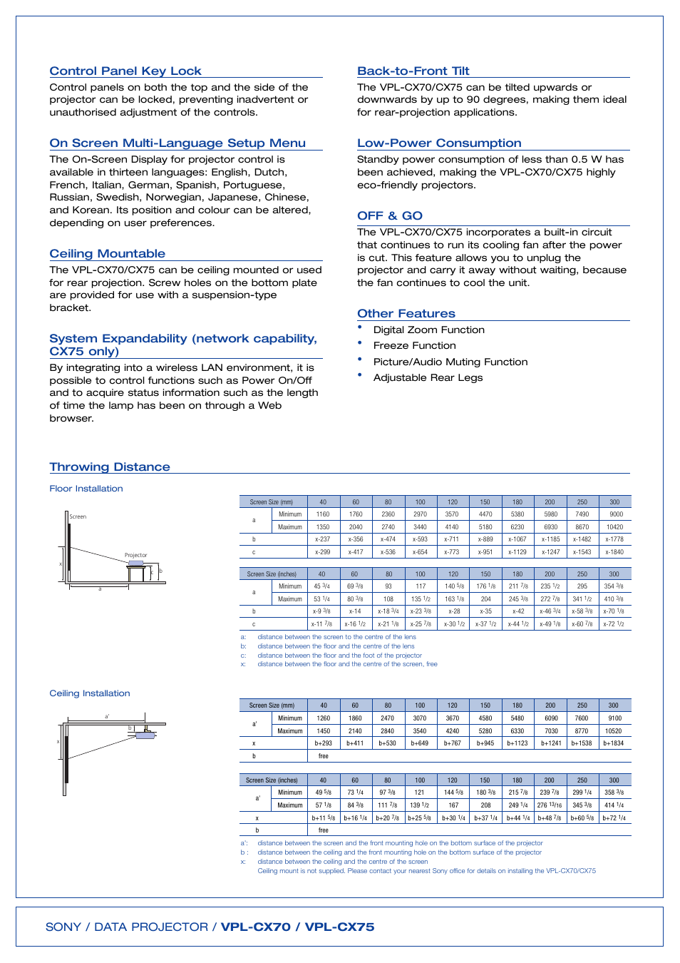 On screen multi-language setup menu, Ceiling mountable, Back-to-front tilt | Low-power consumption, Off & go, Other features, Throwing distance | HP VPL-CX70 User Manual | Page 3 / 6