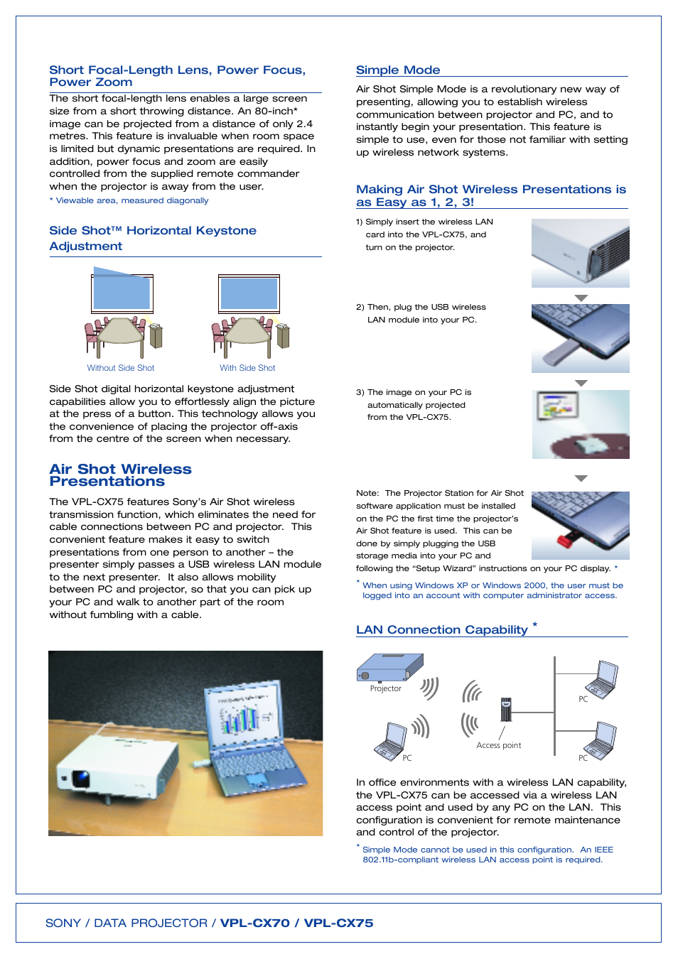 Air shot wireless presentations, Sony / data projector / vpl-cx70 / vpl-cx75, Short focal-length lens, power focus, power zoom | Side shot™ horizontal keystone adjustment, Simple mode, Lan connection capability | HP VPL-CX70 User Manual | Page 4 / 6