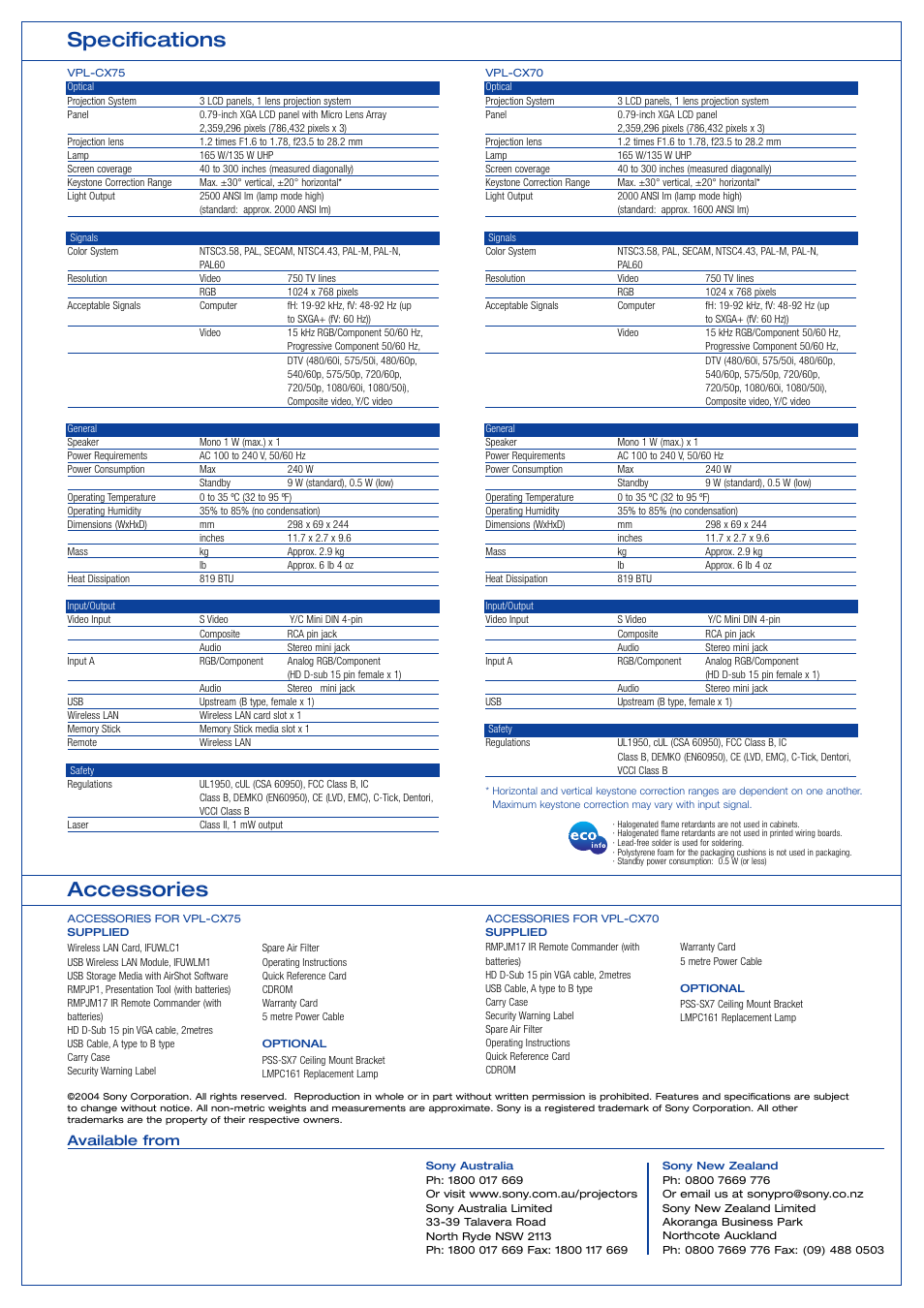 Accessories specifications | HP VPL-CX70 User Manual | Page 6 / 6