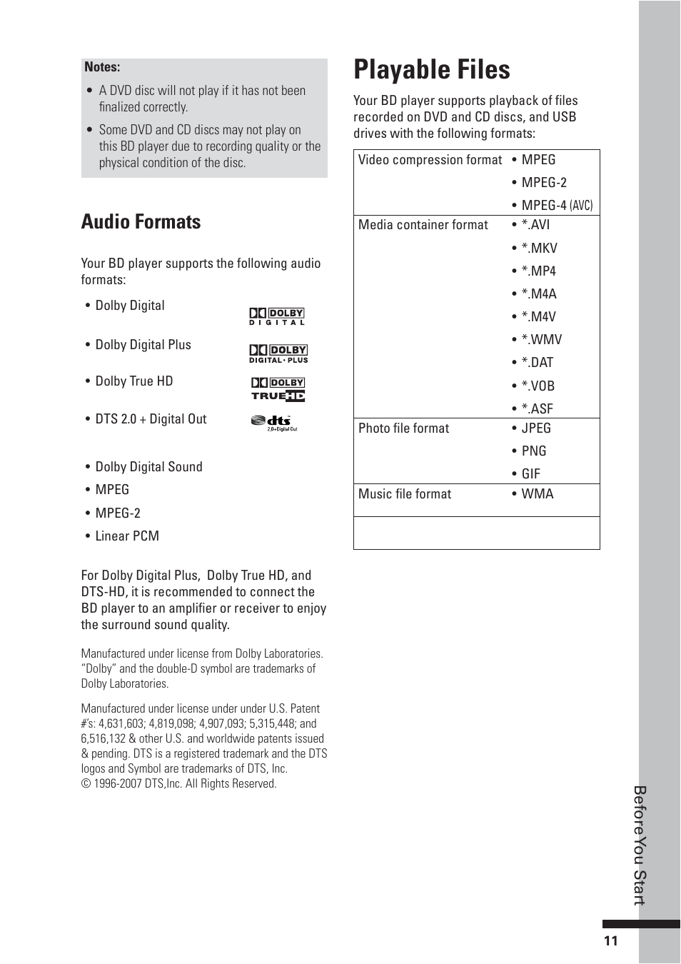 Playable files, Audio formats | HP BD-2000 User Manual | Page 11 / 70