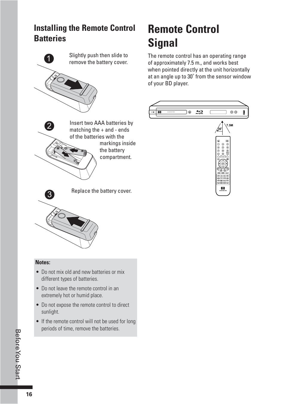 Remote control signal, Installing the remote control batteries | HP BD-2000 User Manual | Page 16 / 70