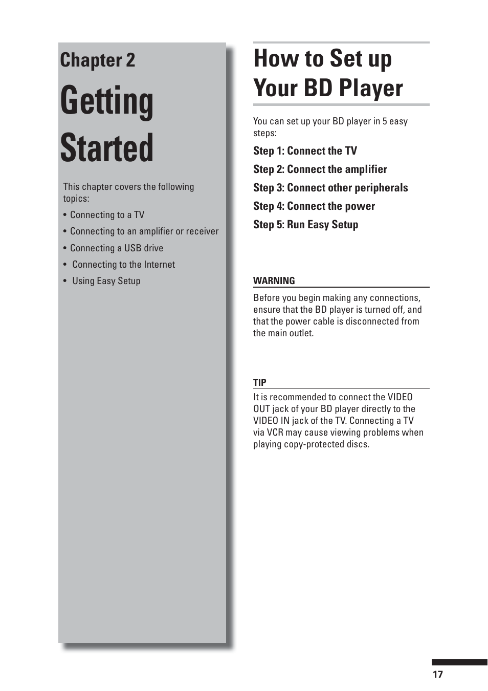 Getting started, How to set up your bd player, Chapter 2 | HP BD-2000 User Manual | Page 17 / 70