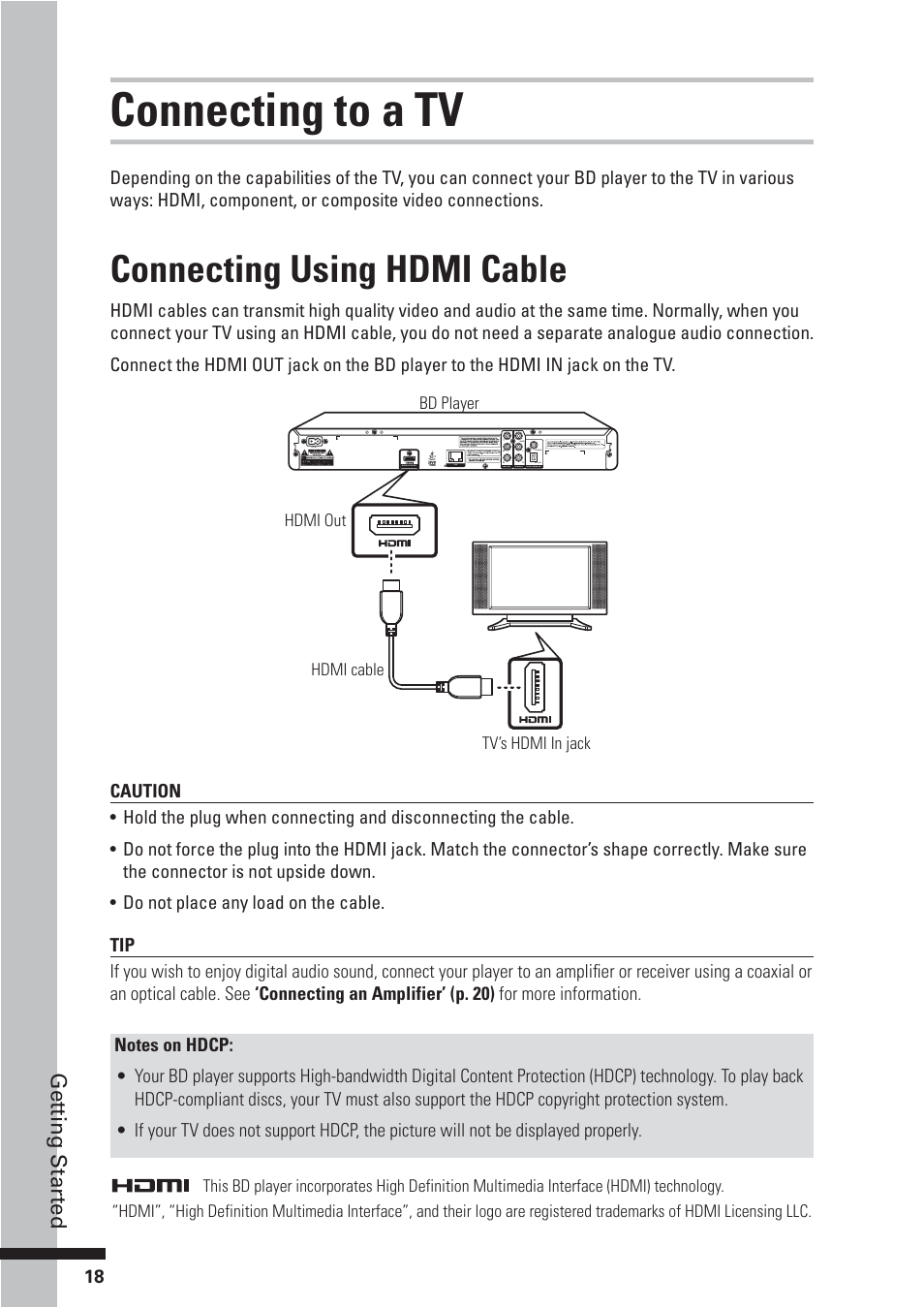 Connecting to a tv, Connecting using hdmi cable, Get ting star ted | HP BD-2000 User Manual | Page 18 / 70