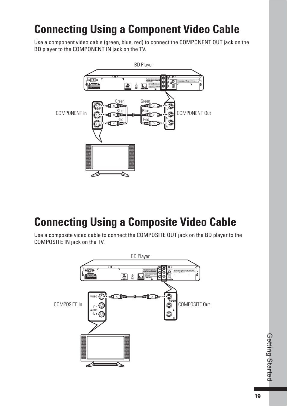 Connecting using a component video cable, Connecting using a composite video cable, Get ting star ted | Bd player component in component out, Bd player composite in composite out | HP BD-2000 User Manual | Page 19 / 70