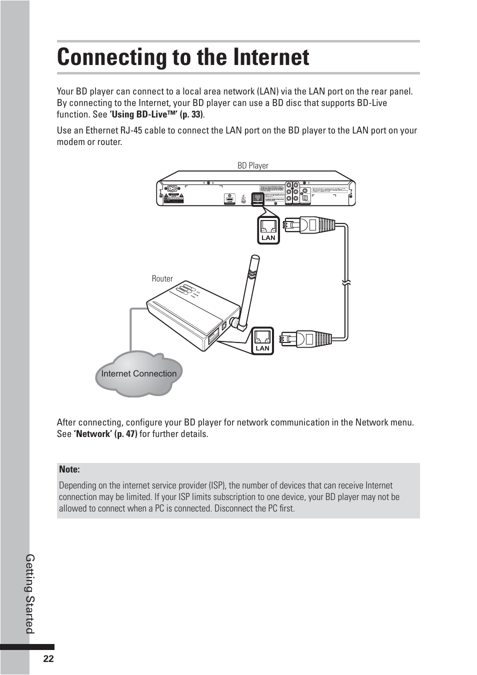 Connecting to the internet, Get ting star ted | HP BD-2000 User Manual | Page 22 / 70