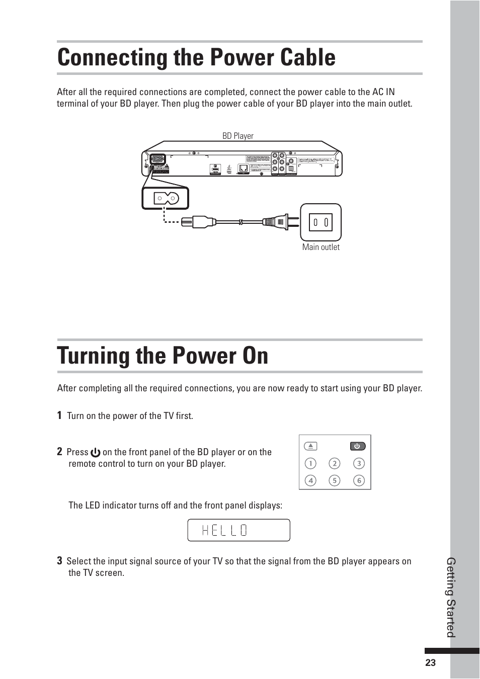 Connecting the power cable, Turning the power on, Get ting star ted | HP BD-2000 User Manual | Page 23 / 70