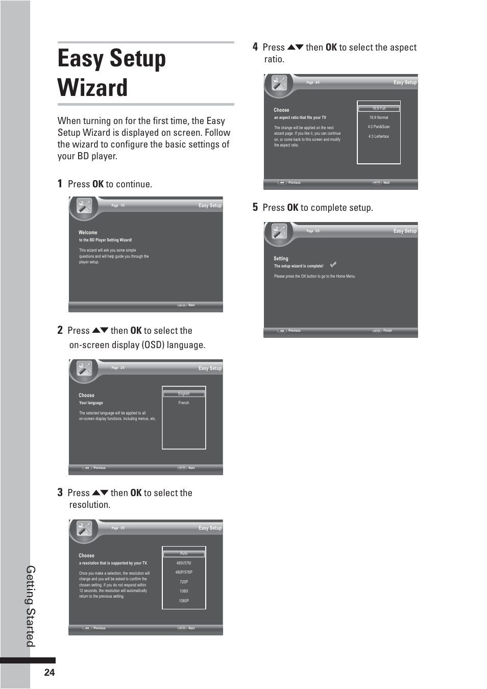 Easy setup wizard, Get ting star ted, Press ok to continue | Press then ok to select the resolution, Press then ok to select the aspect ratio, Press ok to complete setup | HP BD-2000 User Manual | Page 24 / 70