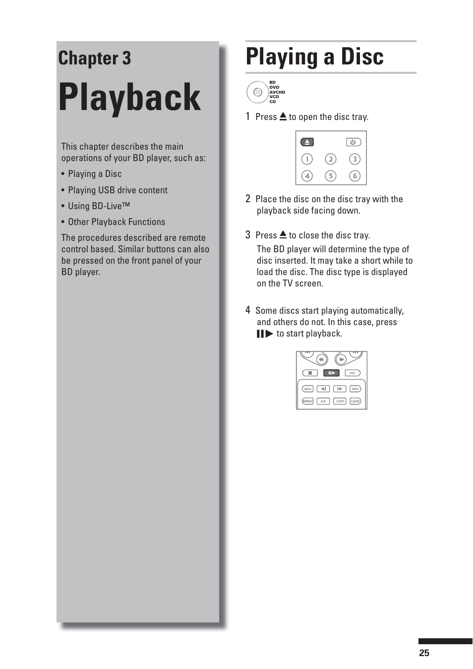 Playback, Playing a disc, Chapter 3 | HP BD-2000 User Manual | Page 25 / 70