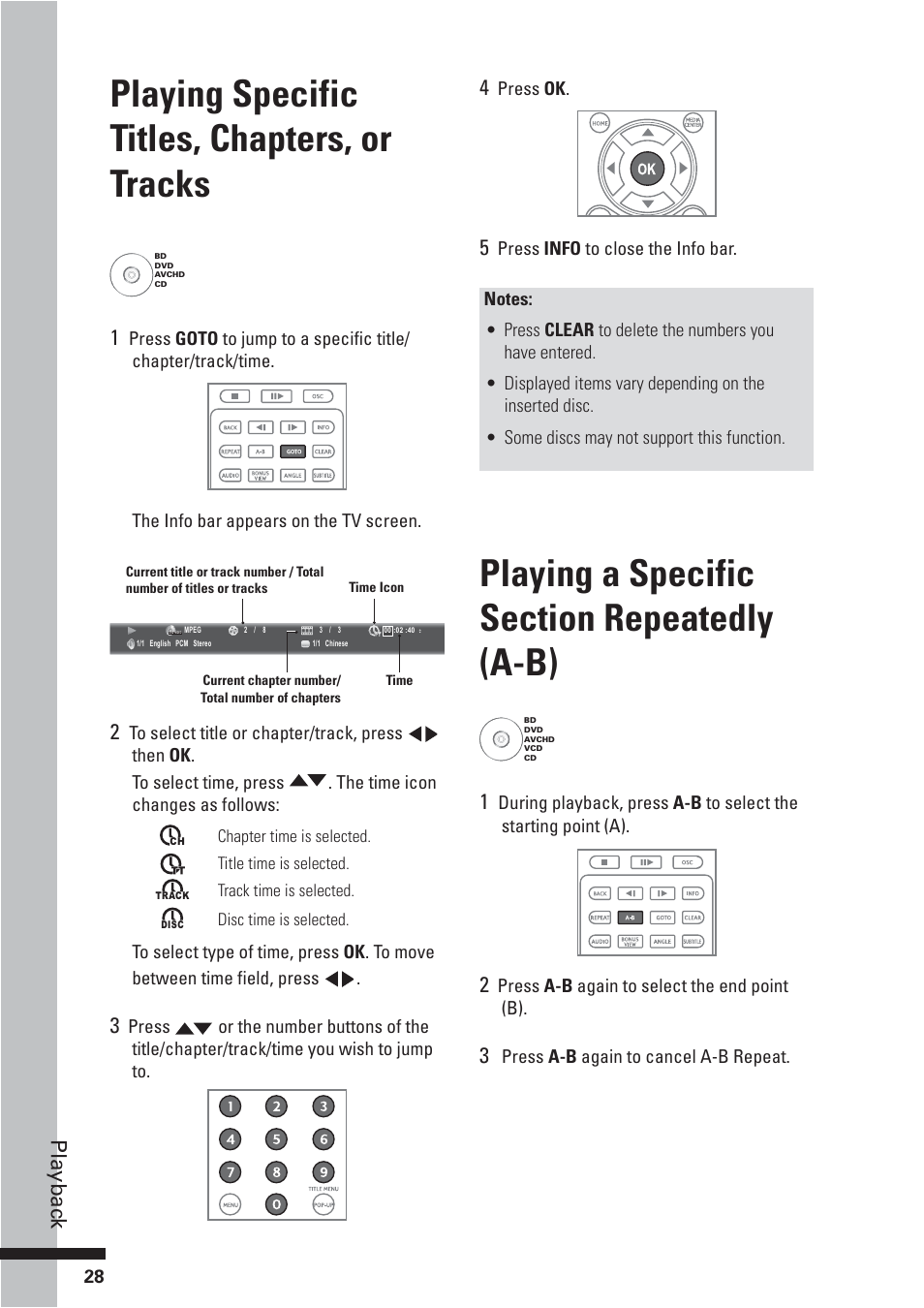 Playing specific titles, chapters, or tracks, Playbac k | HP BD-2000 User Manual | Page 28 / 70