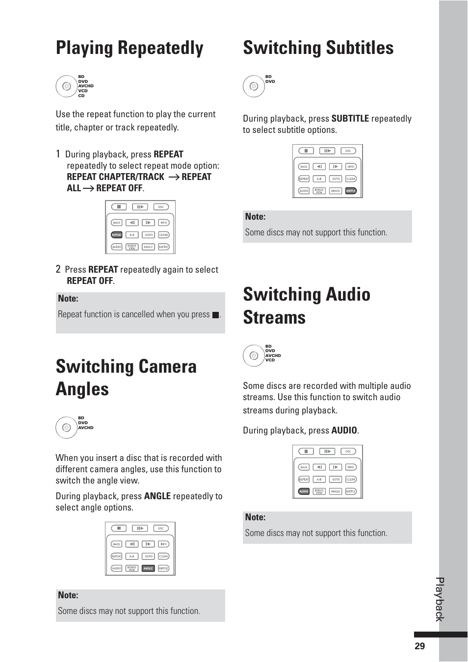 Playing repeatedly, Switching camera angles, Switching subtitles | Switching audio streams | HP BD-2000 User Manual | Page 29 / 70