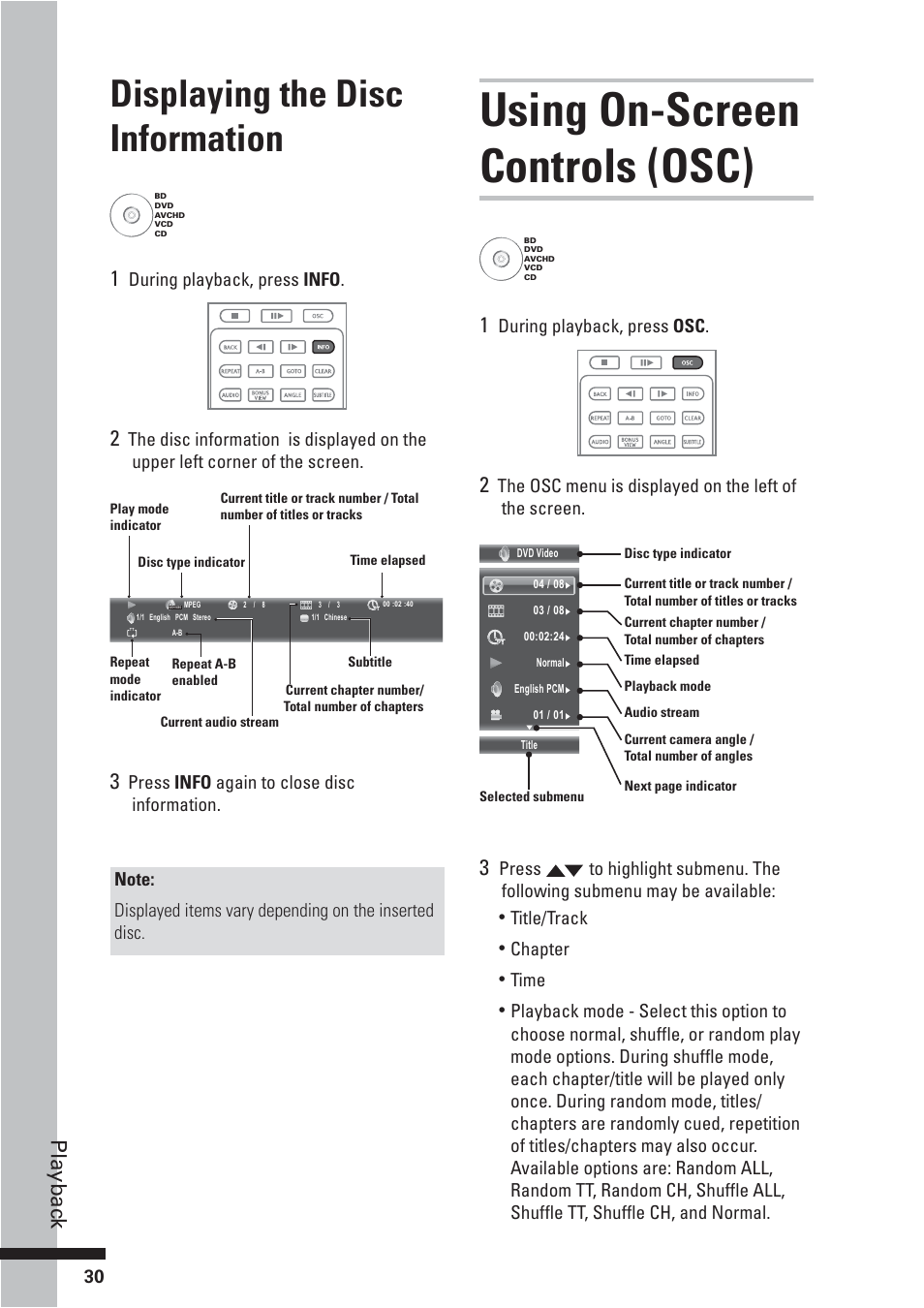 Using on-screen controls (osc), Displaying the disc information, Playbac k | HP BD-2000 User Manual | Page 30 / 70