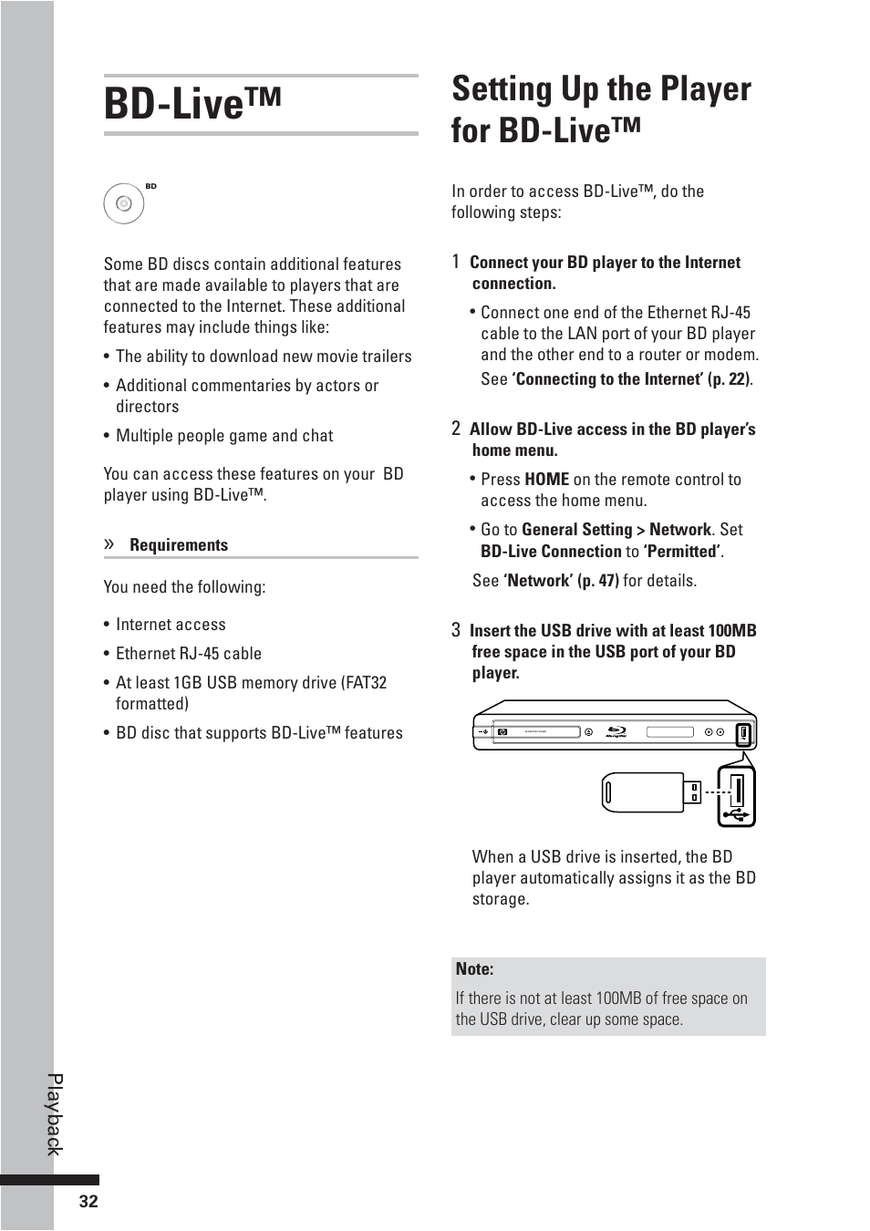 Bd-live, Setting up the player for bd-live | HP BD-2000 User Manual | Page 32 / 70