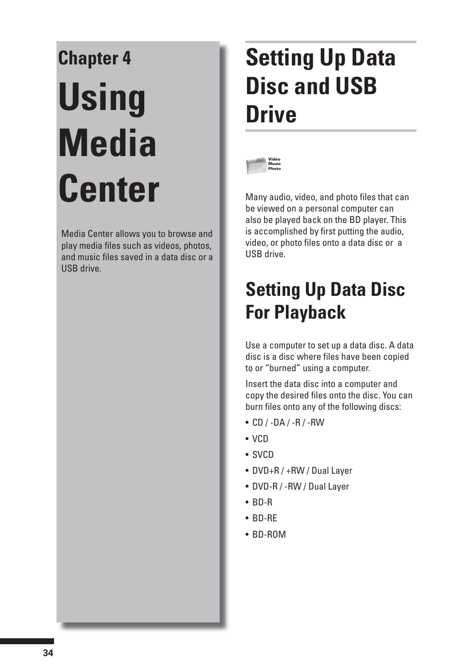 Using media center, Setting up data disc and usb drive, Chapter 4 | Setting up data disc for playback | HP BD-2000 User Manual | Page 34 / 70