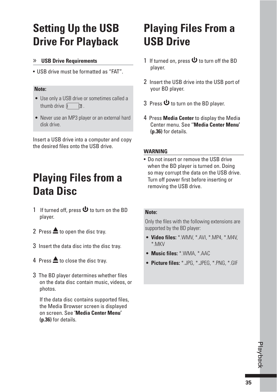 Playing files from a data disc, Setting up the usb drive for playback, Playing files from a usb drive | HP BD-2000 User Manual | Page 35 / 70