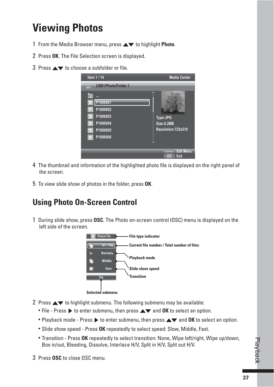 Viewing photos, Using photo on-screen control, Playbac k | HP BD-2000 User Manual | Page 37 / 70