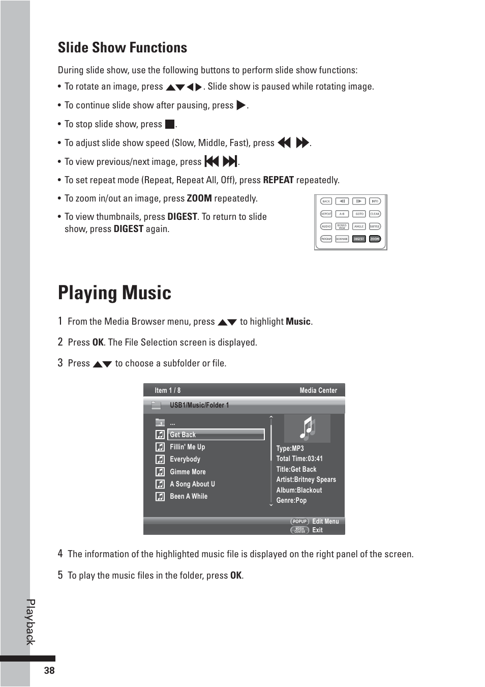 Playing music, Slide show functions | HP BD-2000 User Manual | Page 38 / 70