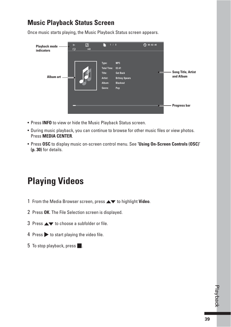 Playing videos, Music playback status screen, Playbac k | HP BD-2000 User Manual | Page 39 / 70