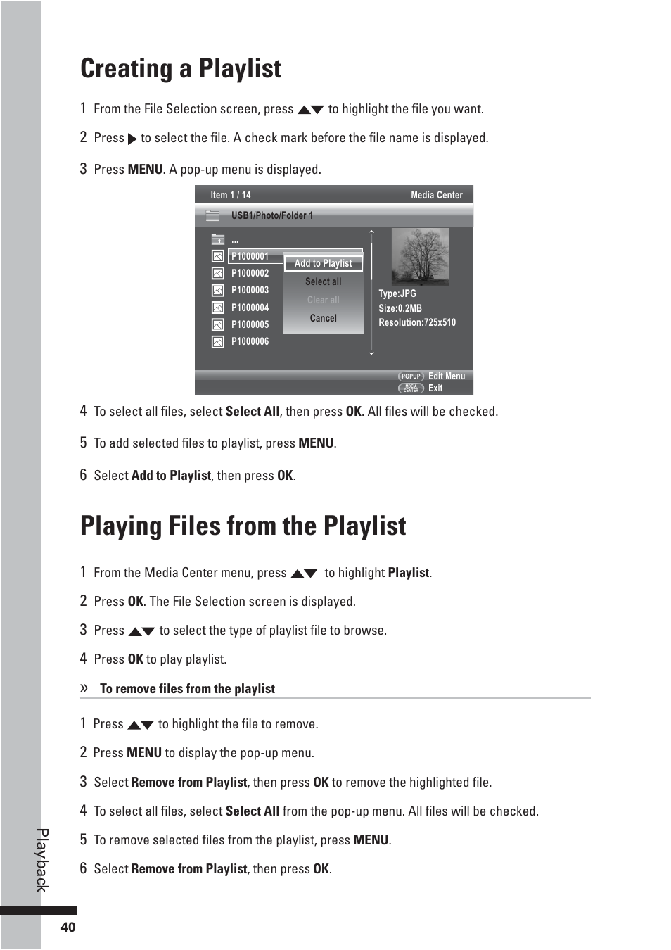 Creating a playlist, Playing files from the playlist | HP BD-2000 User Manual | Page 40 / 70