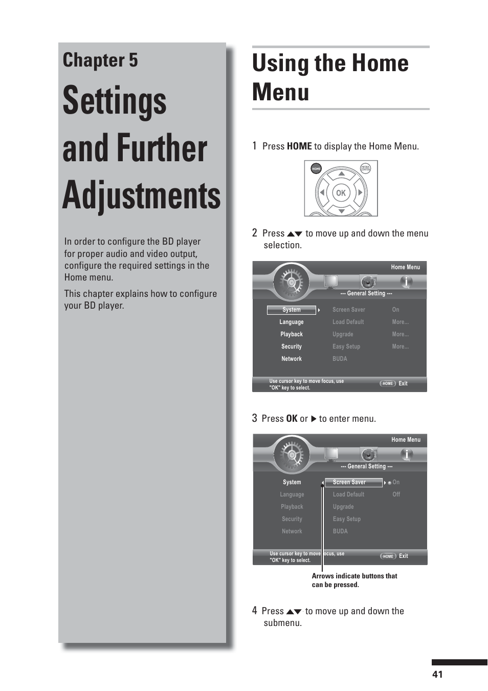 Settings and further adjustments, Using the home menu, Chapter 5 | HP BD-2000 User Manual | Page 41 / 70