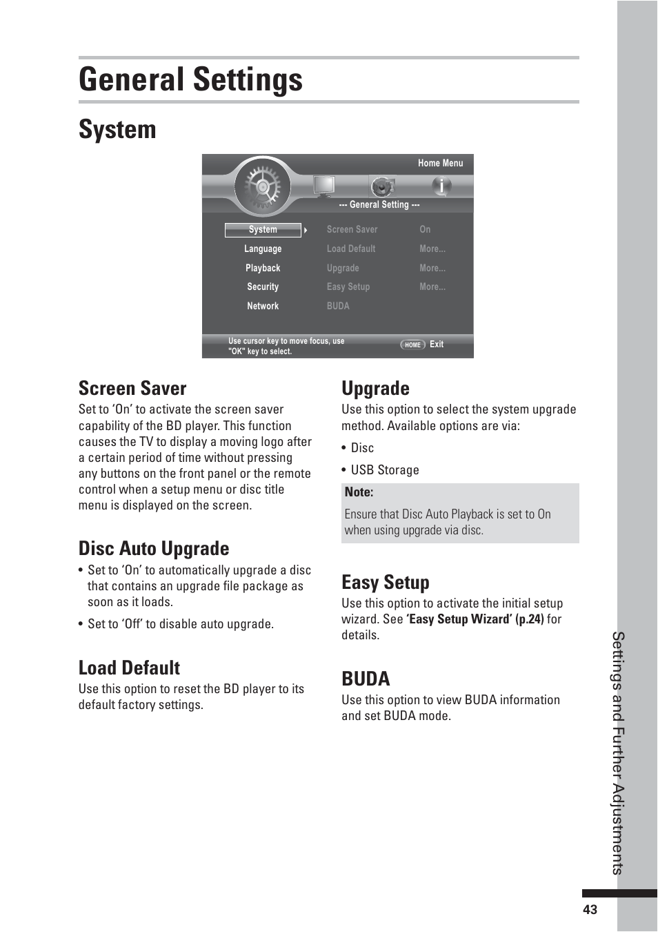 General settings, System, Screen saver | Disc auto upgrade, Load default, Upgrade, Easy setup, Buda | HP BD-2000 User Manual | Page 43 / 70