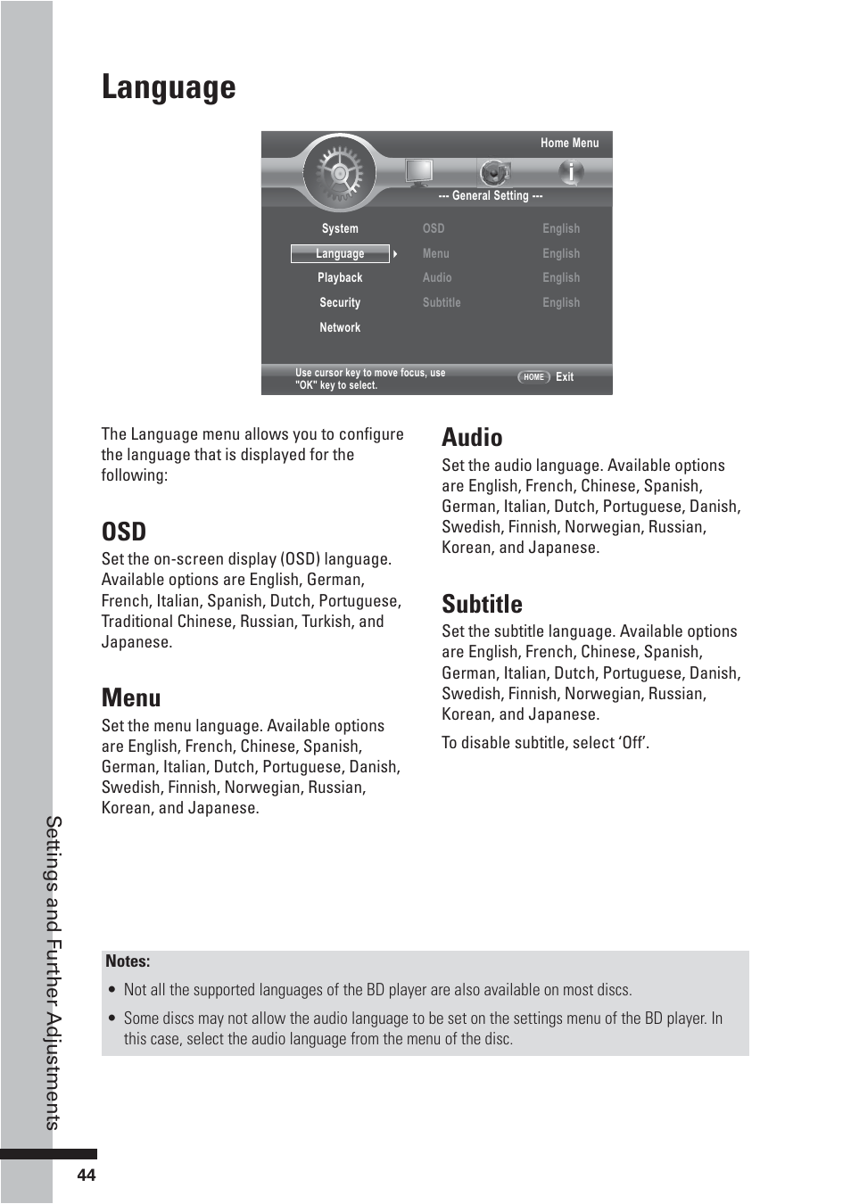 Language, Menu, Audio | Subtitle | HP BD-2000 User Manual | Page 44 / 70