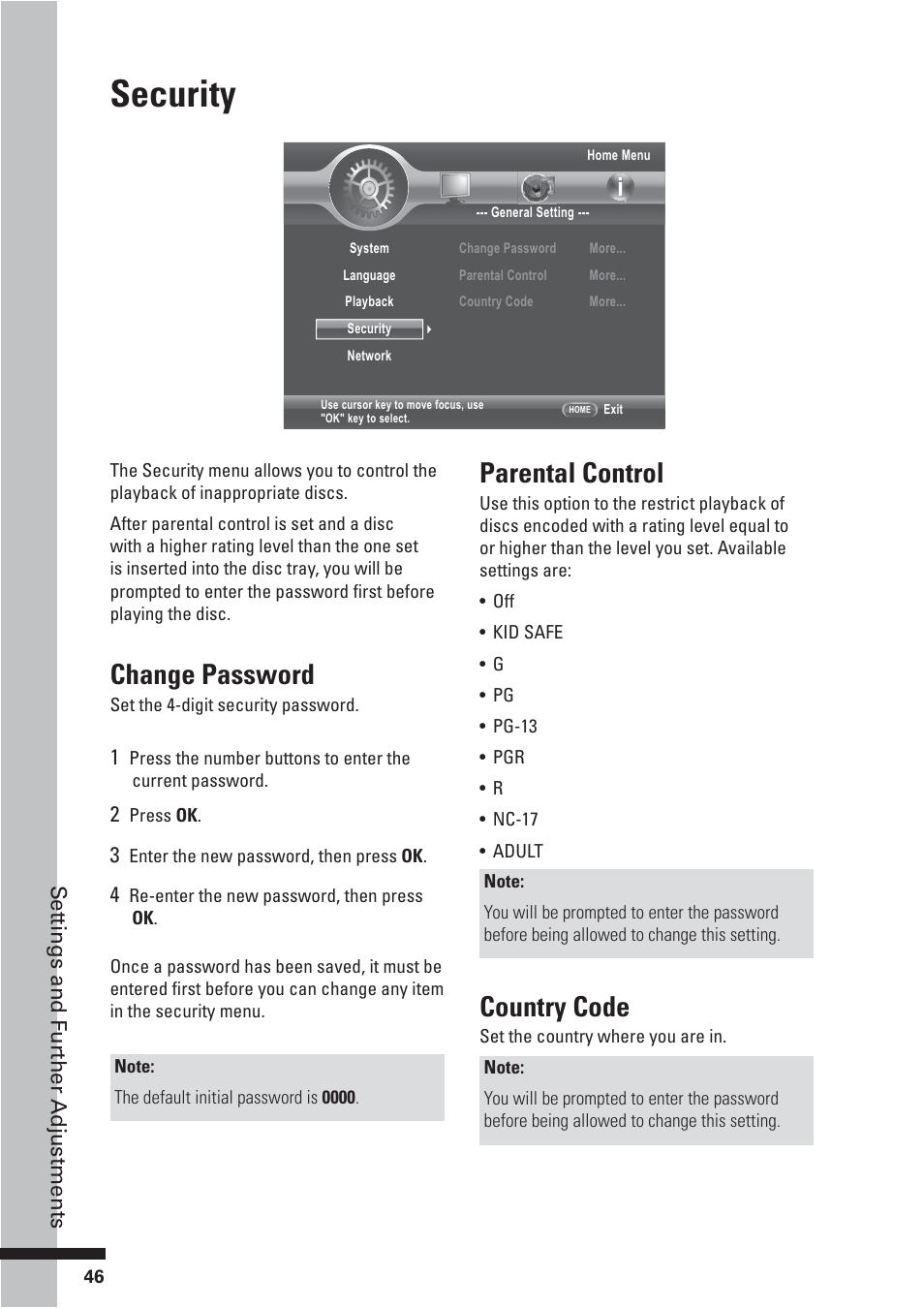 Security, Change password, Parental control | Country code | HP BD-2000 User Manual | Page 46 / 70