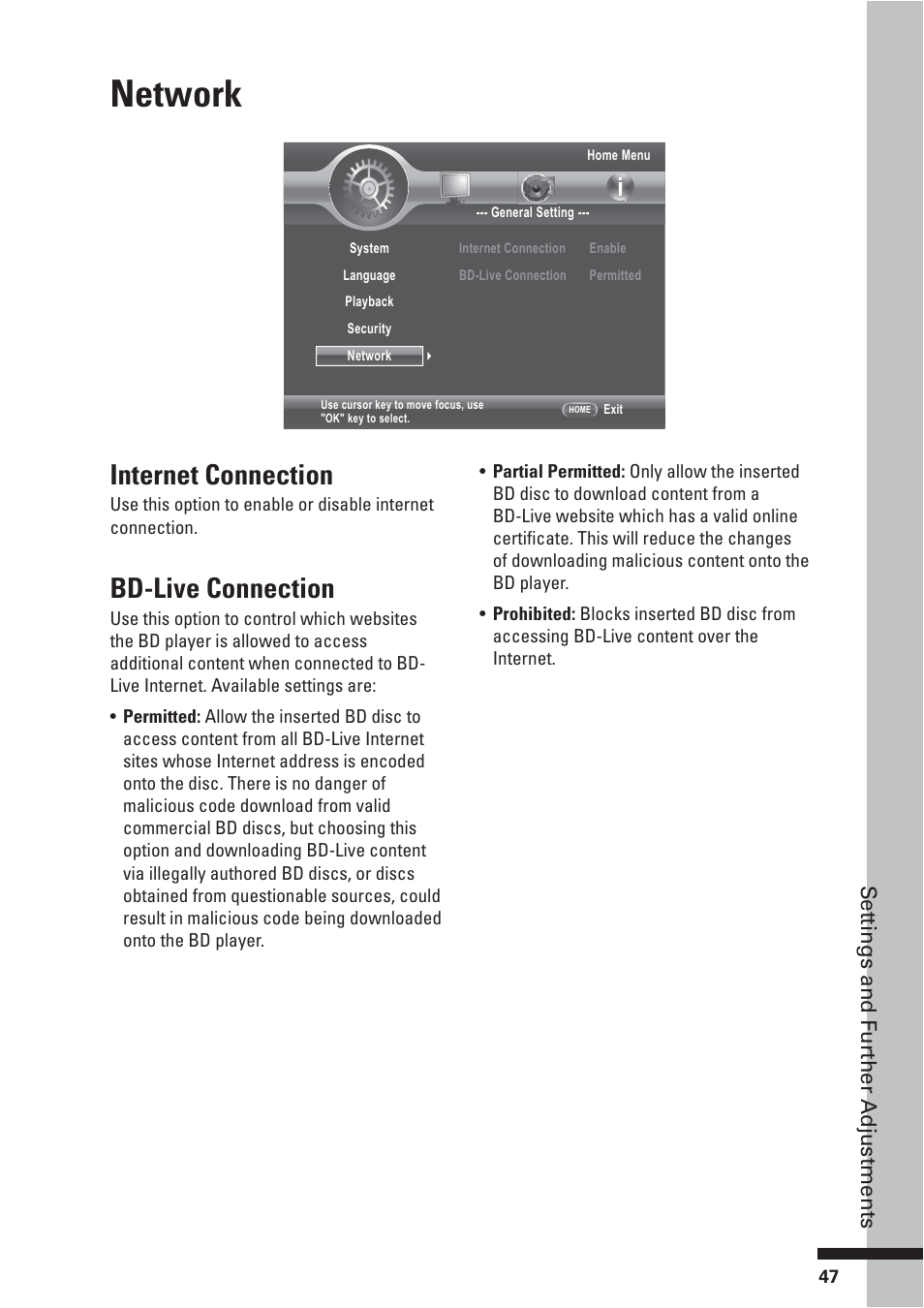 Network, Internet connection, Bd-live connection | HP BD-2000 User Manual | Page 47 / 70