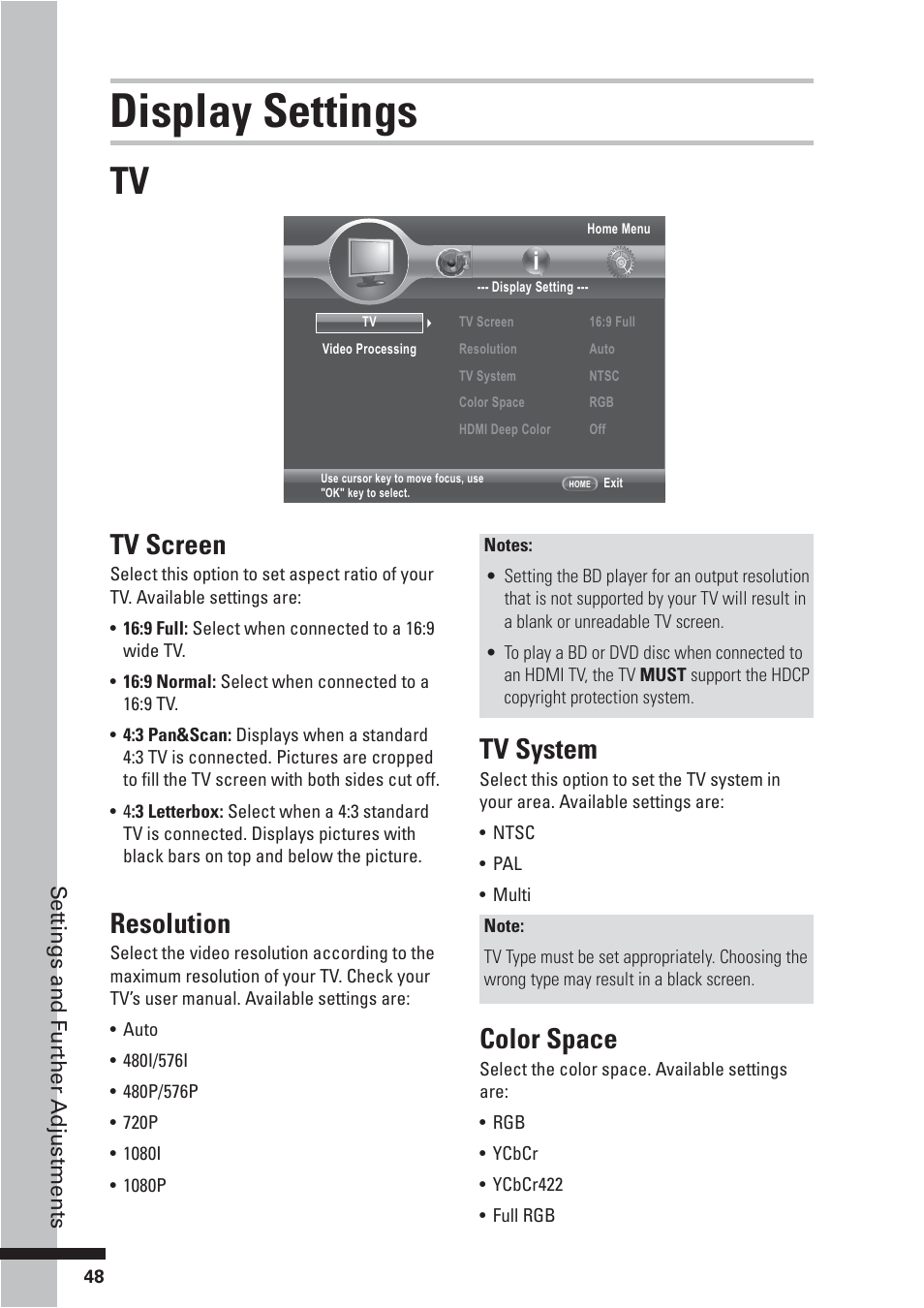 Display settings, Tv screen, Resolution | Tv system, Color space | HP BD-2000 User Manual | Page 48 / 70