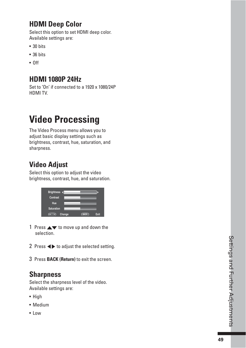 Video processing, Video adjust, Sharpness | Hdmi deep color | HP BD-2000 User Manual | Page 49 / 70