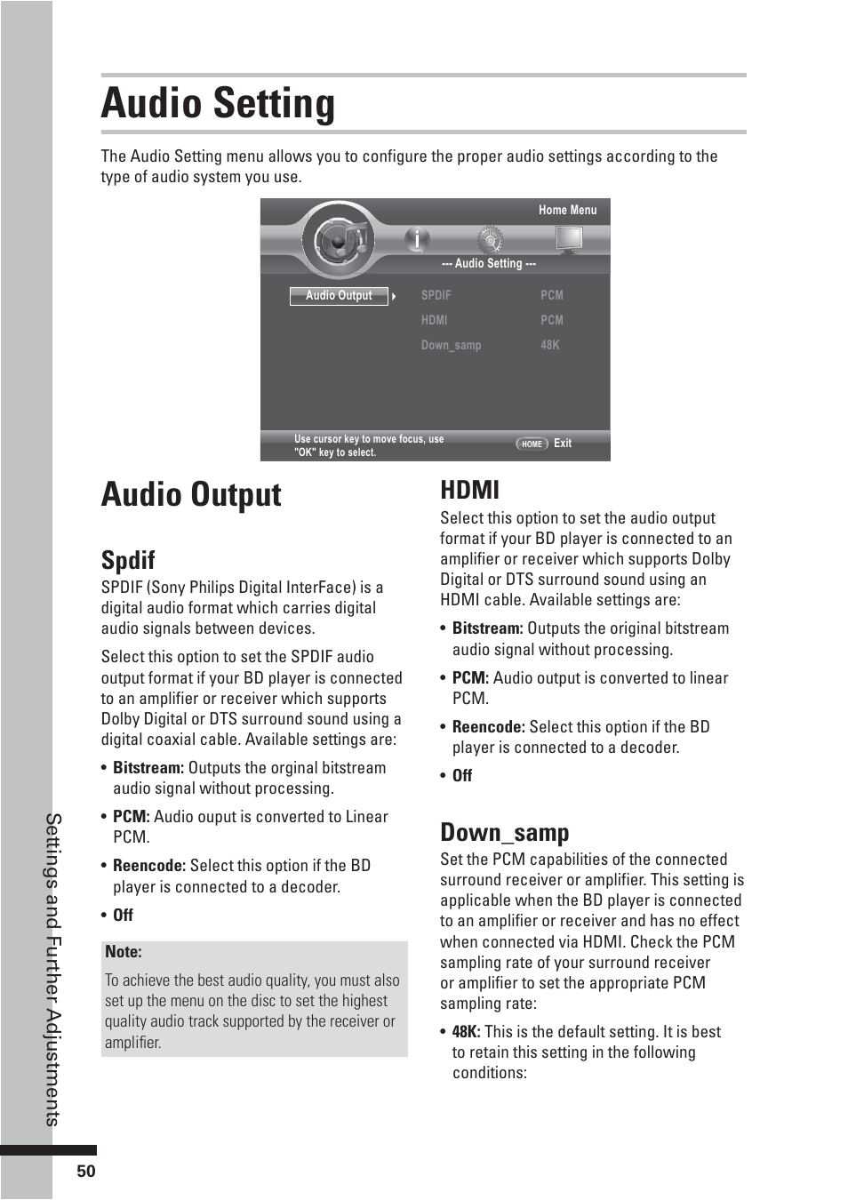 Audio setting, Audio output, Spdif | Hdmi, Down_samp | HP BD-2000 User Manual | Page 50 / 70