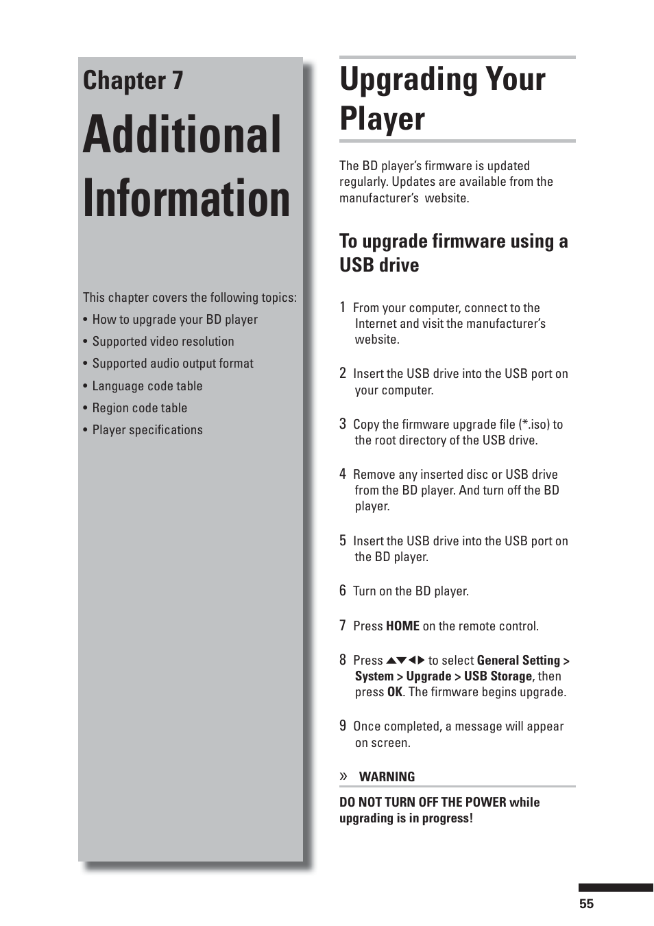 Additional information, Upgrading your player, Chapter 7 | HP BD-2000 User Manual | Page 55 / 70