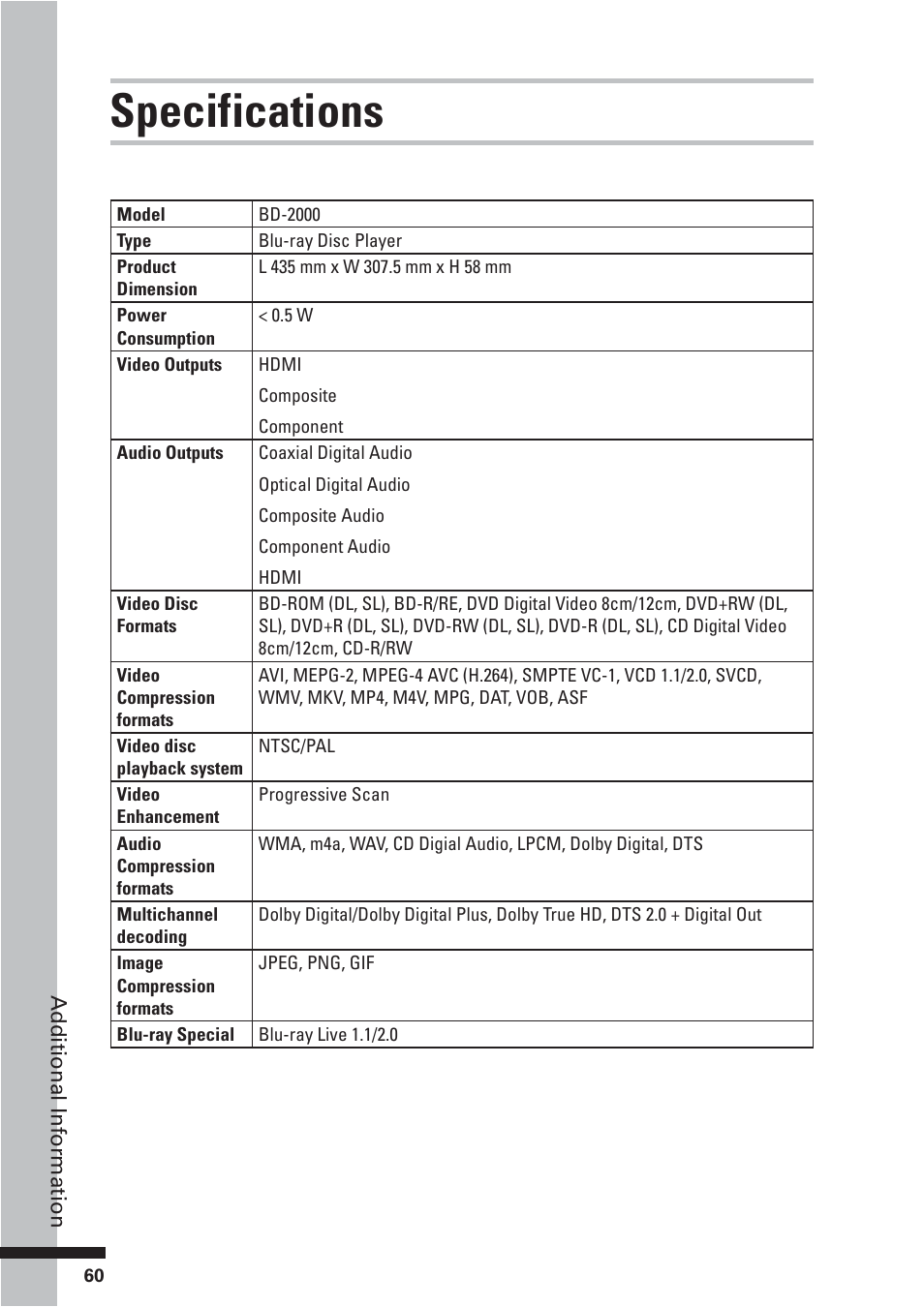 Specifications | HP BD-2000 User Manual | Page 60 / 70