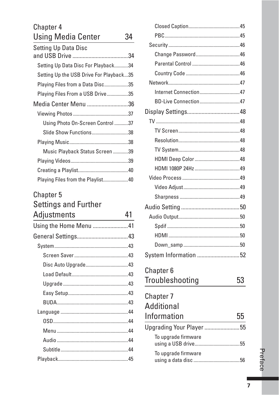 Using media center 34, Settings and further adjustments 41, Troubleshooting 53 | Additional information 55, Chapter 4, Chapter 5, Chapter 6, Chapter 7 | HP BD-2000 User Manual | Page 7 / 70