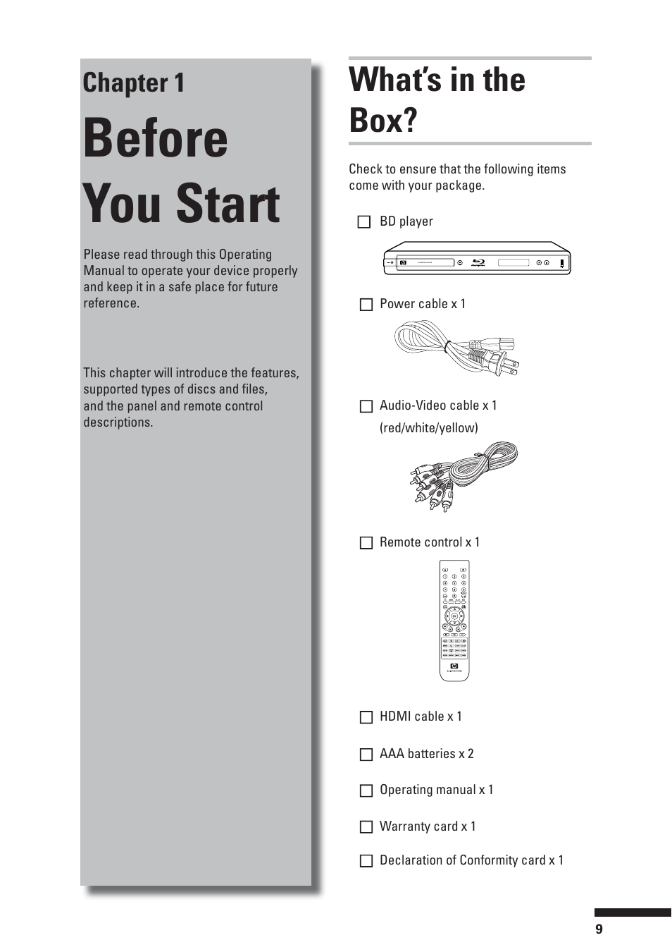 Before you start, What’s in the box, Chapter 1 | HP BD-2000 User Manual | Page 9 / 70