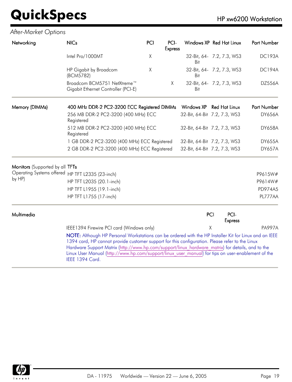 Quickspecs, Hp xw6200 workstation, Hp xw6200 workstation after-market options | HP XW6200 User Manual | Page 19 / 78