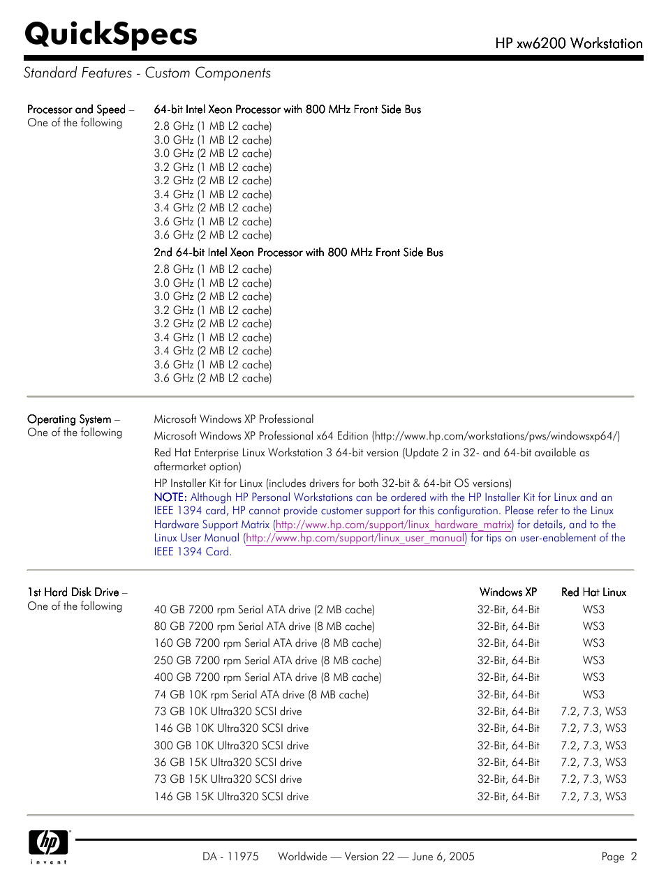 Standard features - custom components, Quickspecs, Hp xw6200 workstation | HP XW6200 User Manual | Page 2 / 78