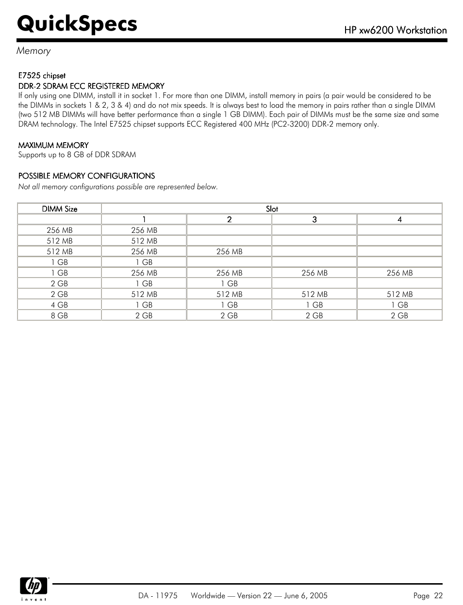 Memory, Quickspecs, Hp xw6200 workstation | HP XW6200 User Manual | Page 22 / 78