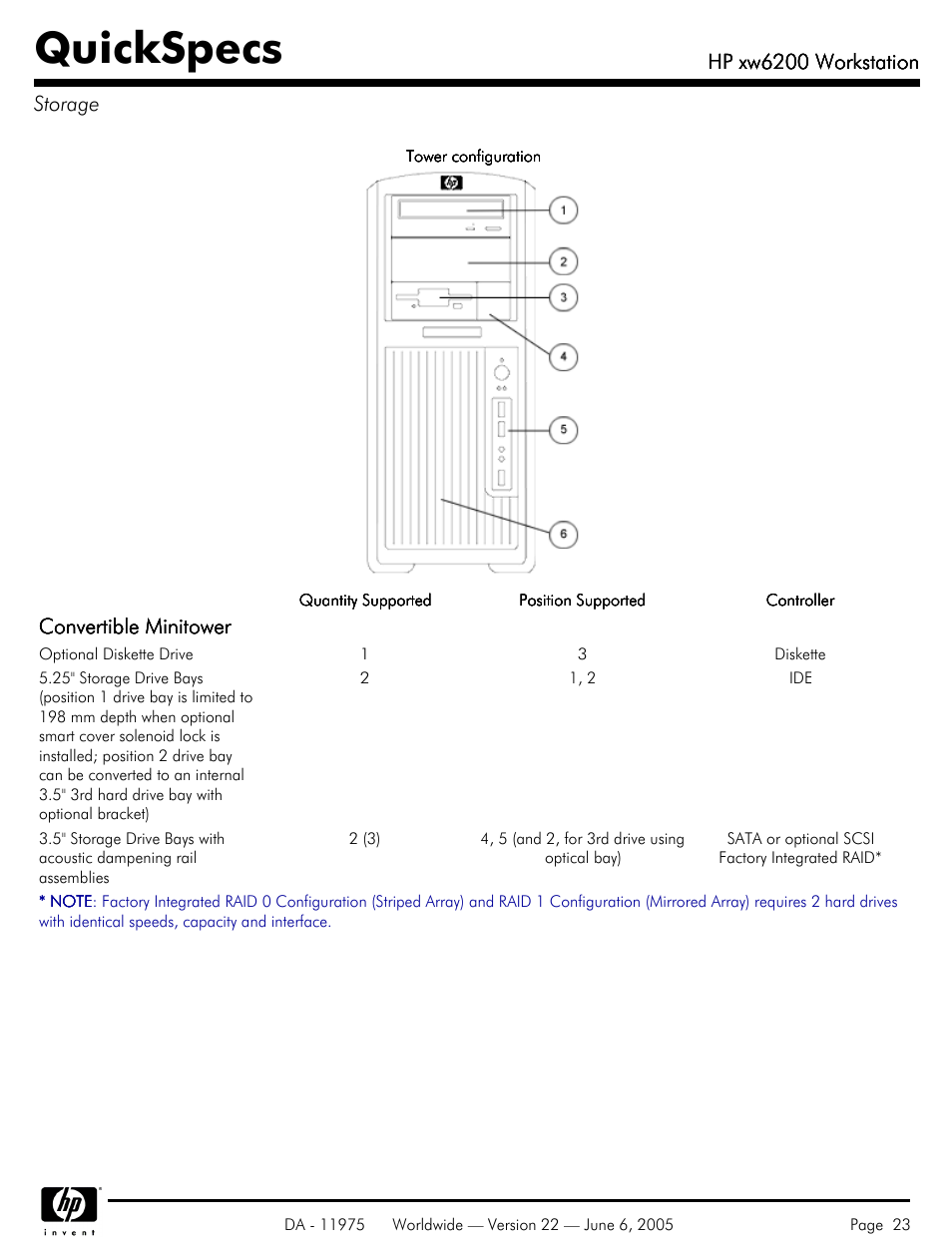 Storage, Quickspecs, Convertible minitower | Hp xw6200 workstation, Hp xw6200 workstation storage | HP XW6200 User Manual | Page 23 / 78